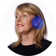A photograph of Hidden Hearing Clinic Coordinator Siobhan Teague smiling with a blue speech bubble overlayed on her ear