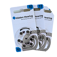 Three packs of Hidden Hearing-branded hearing aid batteries are displayed, each labeled with sizes '10' and '13.' The white packaging features round batteries and is designed for hearing care use.