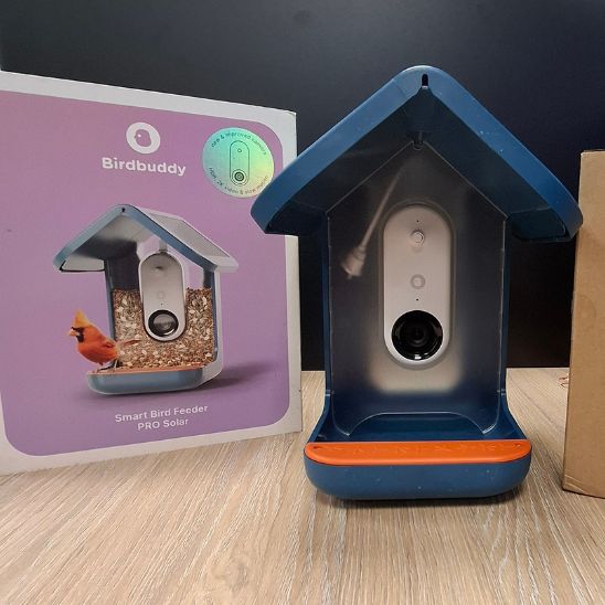 A picture of a blue Bird Buddy 2.0 Smart Feeder unboxed