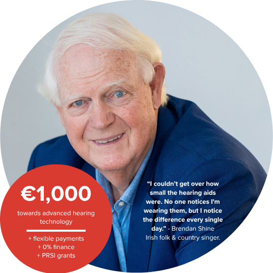 Irish folk and country singer Brendan Shine in a navy suit smiling with a testimonial quote highlighting our discount towards advanced hearing technology