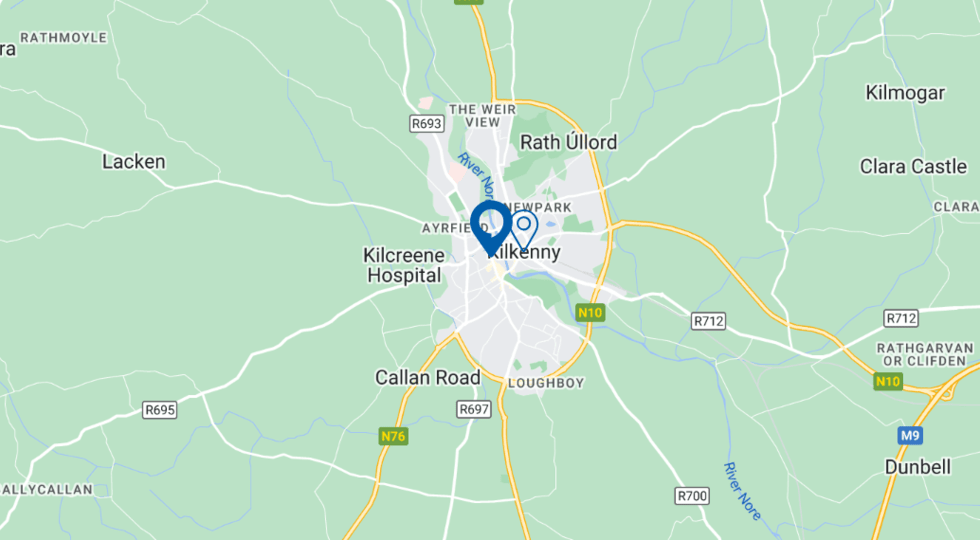 A map highlighting Kilkenny, Ireland, with a blue marker centrally placed, surrounded by nearby landmarks such as Kilcreene Hospital, Callan Road, Rath Ullord, and Clara Castle. Roadways like N10 and R712 are visible. No text identifies hearing aids or associated brands.
