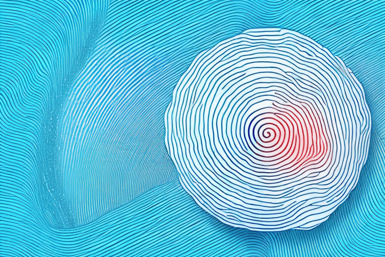 A white circular pattern with concentric blue lines spirals inward, transitioning to red at the center. The design sits on a flowing, textured blue background, evoking sound waves or vibrations. No text is present.