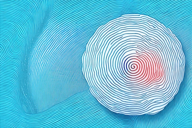 A white circular pattern with concentric blue lines spirals inward, transitioning to red at the center. The design sits on a flowing, textured blue background, evoking sound waves or vibrations. No text is present.