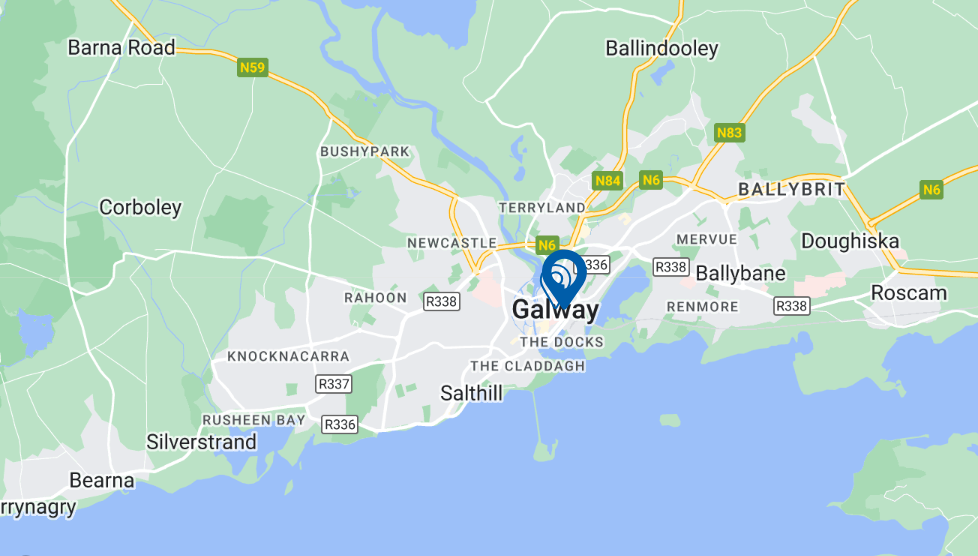 [GEN] A map highlighting Galway City, Ireland, displays local roads (N6, N59, R336) amidst nearby areas like Salthill, Ballybane, and Doughiska. A blue pin marks a Hidden Hearing clinic location in central Galway.
