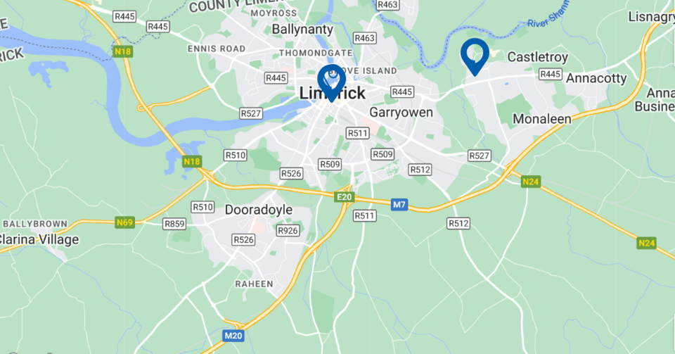 A map showcasing Limerick, Ireland, highlights two marked locations: one in the city center and another in Castletroy. Surrounding areas display roads (e.g., M7, N18, N24) and nearby suburbs like Dooradoyle and Monaleen.