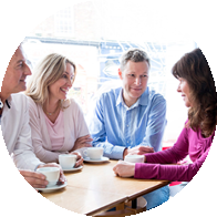 Group people talking with coffee