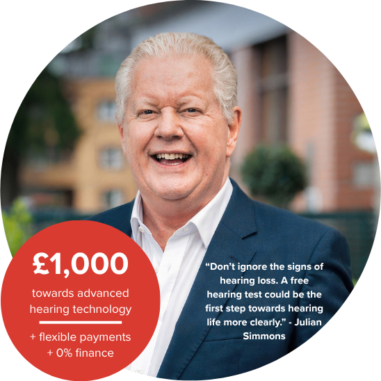 A picture of Northern Irish broadcaster Julian Simmons in a suit smiling with a testimonial highlighting our advanced hearing technology discount