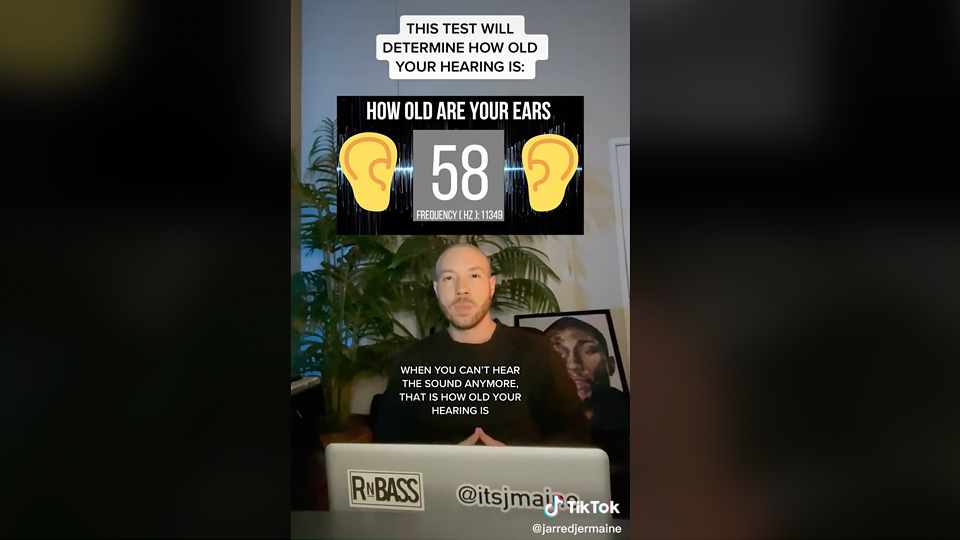 Online hearing age test displaying results of ’58’ with frequency information and instructions on determining hearing age.