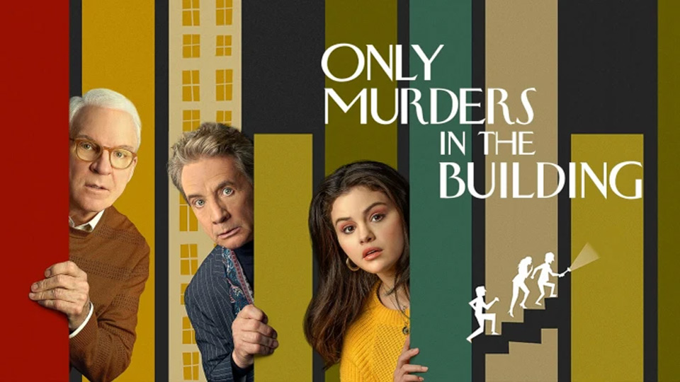 Only Murders in the Building poster featuring three characters partially hidden behind colorful building-like panels, with the title in bold white text on a dark background.