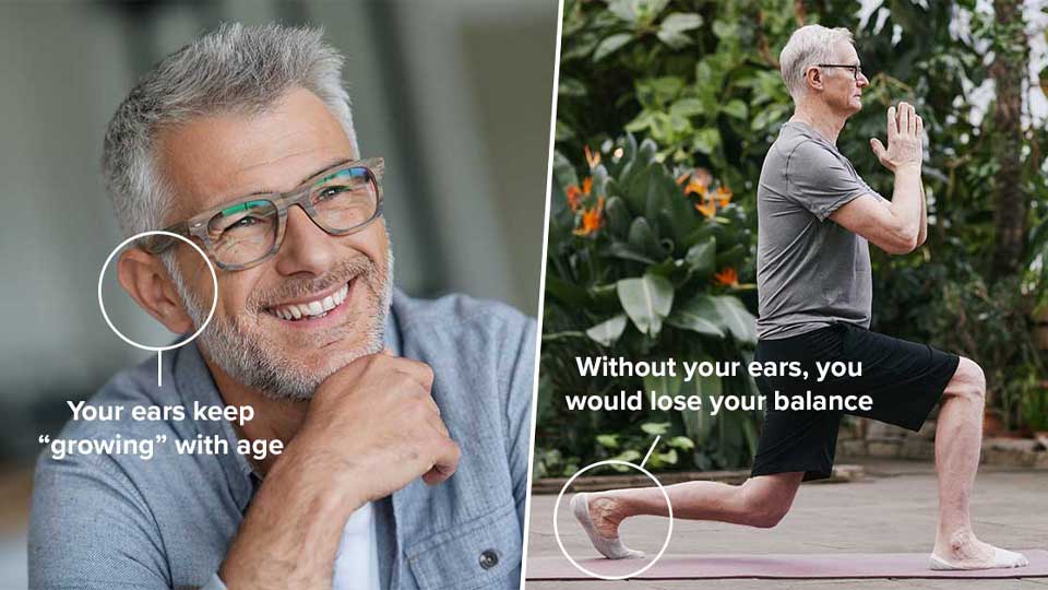 Hearing health tips focusing on ear growth with age and the role of ears in maintaining balance.