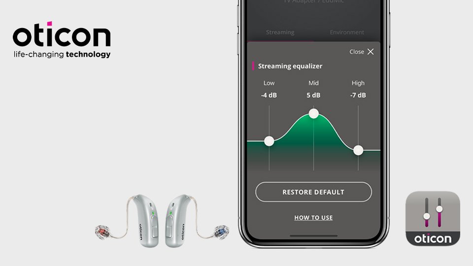 Oticon hearing aids with streaming equalizer settings shown on a smartphone app for customizable sound adjustments.
