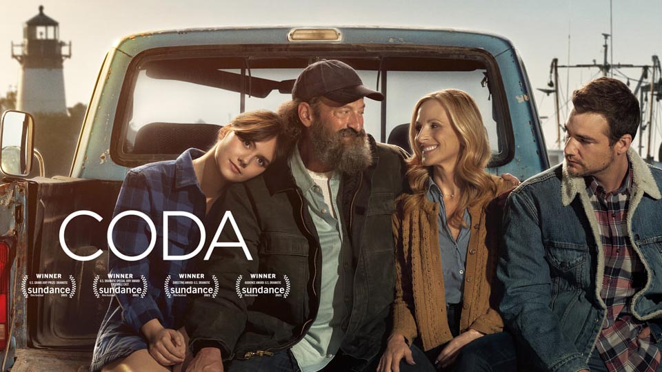CODA movie poster featuring a family sitting on the back of a truck with a lighthouse and boats in the background.