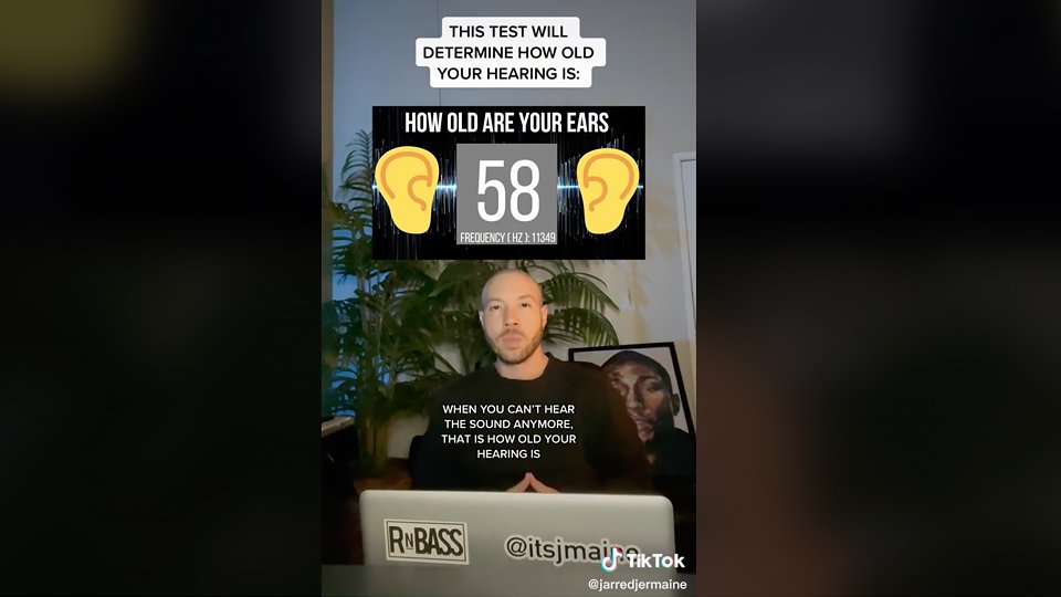 Online hearing age test displaying results of ’58’ with frequency information and instructions on determining hearing age.