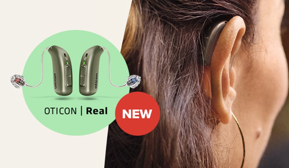 Oticon Real hearing aids showcasing innovative design and discreet fit behind the ear.