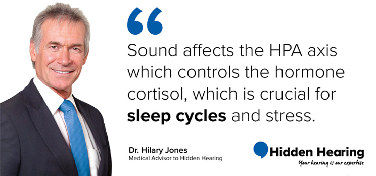 Dr. Hilary Jones, in formal attire, stands beside text stating: *'Sound affects the HPA axis which controls the hormone cortisol, which is crucial for sleep cycles and stress.'* Hidden Hearing's logo and tagline, *'Your hearing is our expertise,'* are displayed.
