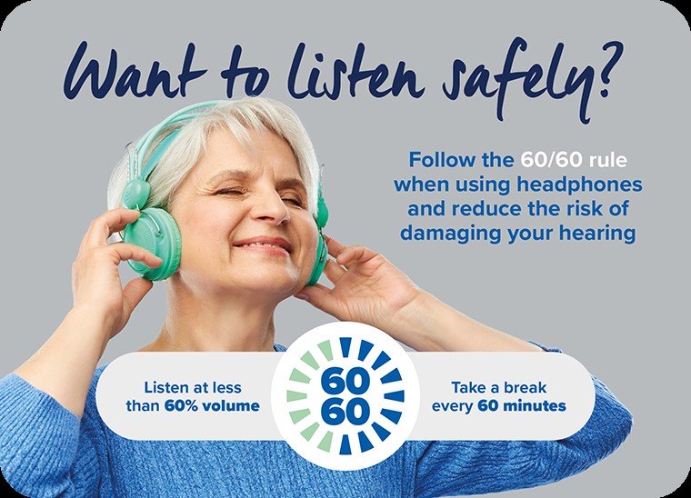 Follow the 60/60 rule to listen safely with headphones and protect hearing health.