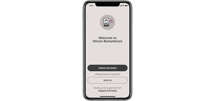 Oticon RemoteCare app interface on iPhone, featuring account creation and sign-in options.