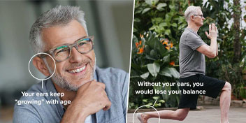 Facts about ear growth and balance highlighted with visuals of a man indoors and practicing yoga outdoors’