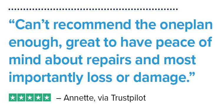 Trustpilot review from Annette praising the oneplan for peace of mind regarding repairs, loss, or damage.
