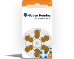 Hearing aid batteries size 13 pack with orange tabs labeled Hidden Hearing