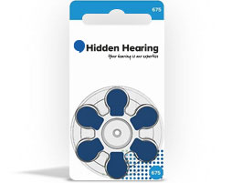 Hearing aid batteries size 675 pack with Hidden Hearing branding