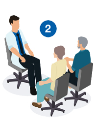 Hearing test consultation with an audiologist speaking to two clients.
