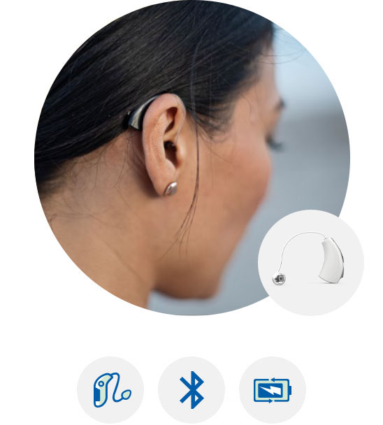 Woman wearing a behind-the-ear hearing aid with icons for connectivity and features displayed below.