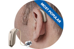 Behind-the-ear hearing aid labeled ’Most Popular.’