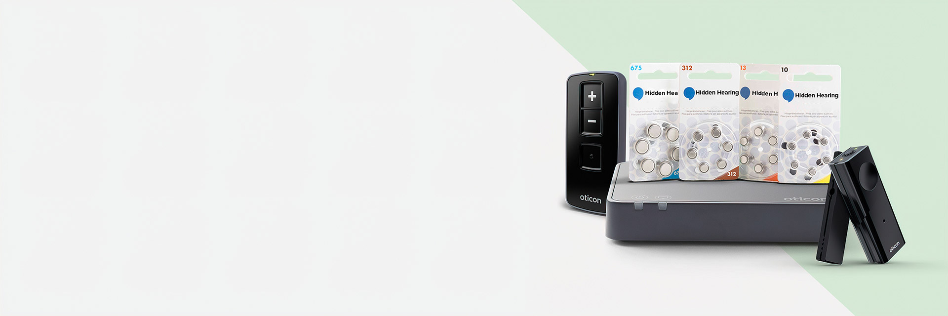 Hearing aid accessories, including Oticon hearing aid remote control, rechargeable batteries, and charger.