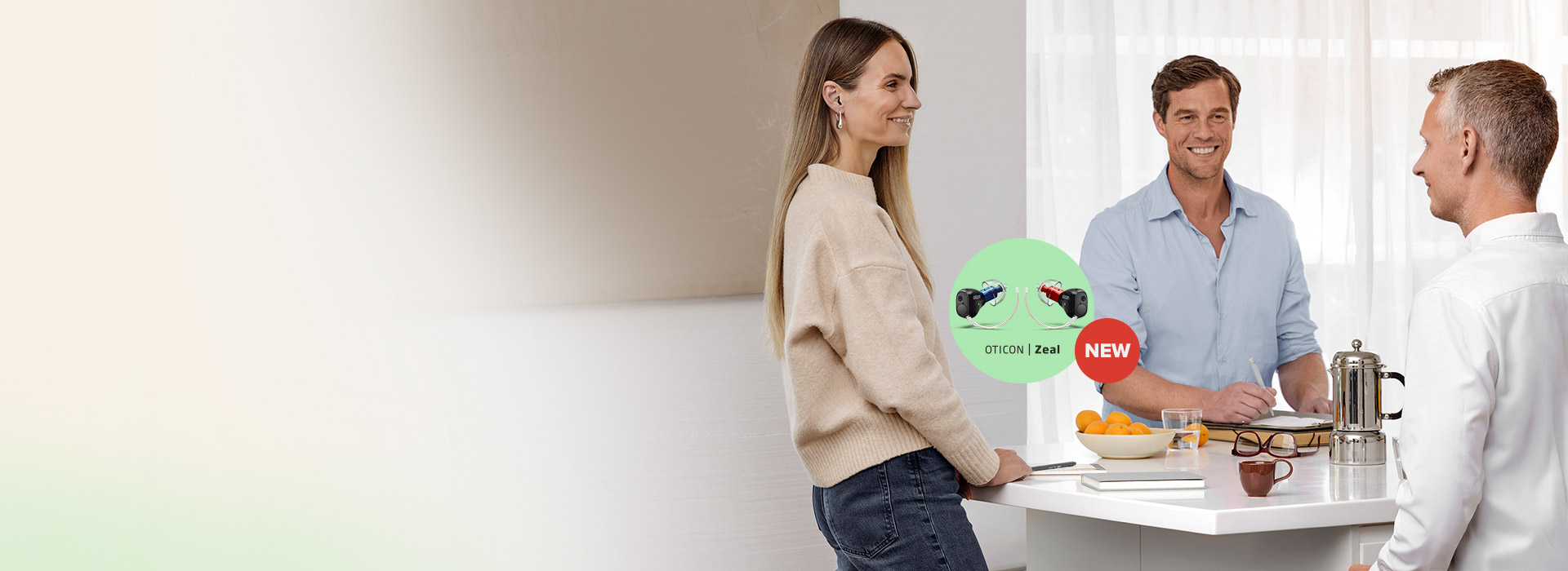 Oticon Zeal hearing aids showcased at a casual group conversation.