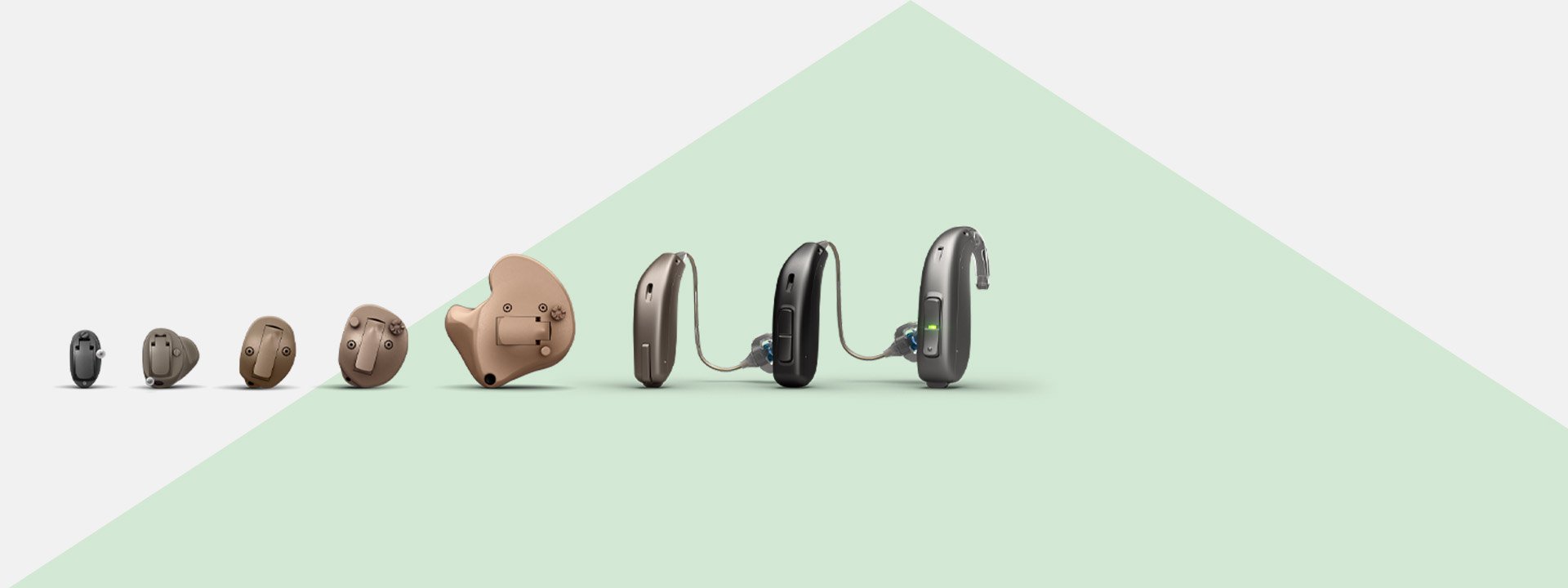 Different types of hearing aids arranged from smallest to largest, including in-ear and behind-the-ear models.