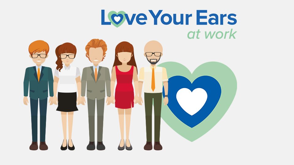 Love Your Ears at work campaign illustration showing diverse professionals standing together with a heart-shaped logo in the background.