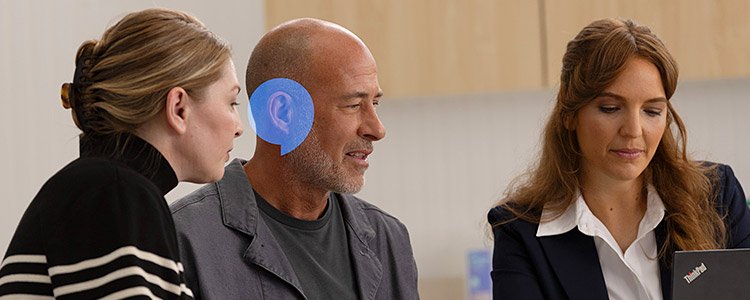 Hearing care consultation featuring Oticon hearing aids.