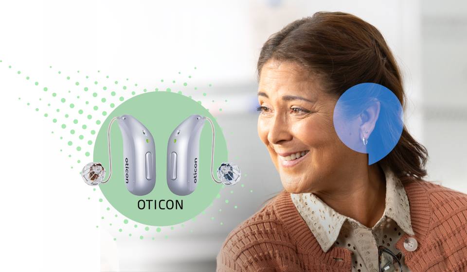 Oticon Intent hearing aid with a lady with a blue speech bubble across her left ear