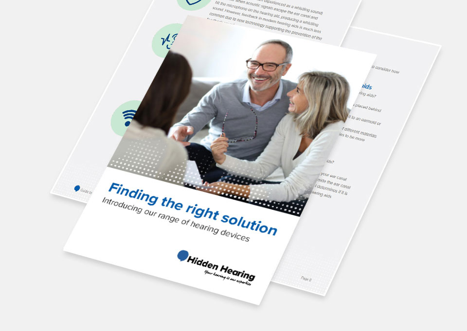 Hearing aid product guide highlighting solutions and a range of hearing devices.