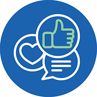 Icons depicting a heart, a thumbs-up, and a speech bubble, symbolizing positive feedback and communication.