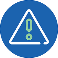 Warning symbol with an exclamation mark inside a triangle on a blue background.