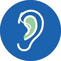 Stylized outline of an ear on a blue circular background, symbolizing hearing care and awareness.