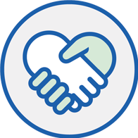 Handshake icon forming a heart shape, symbolizing trust and care.