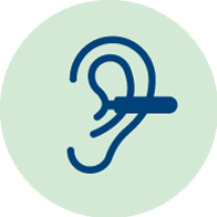 Stylized ear icon with a cleaning tool on a light green background.