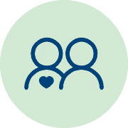 Support staff icon featuring two outlined figures, one with a heart symbol on the chest.