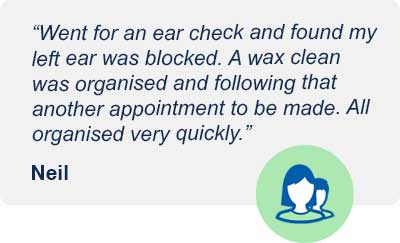 Customer testimonial about ear wax removal service from Hidden Hearing, praising quick organization and effective care.