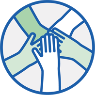 Teamwork and collaboration symbolized by four overlapping hands in a circular design.