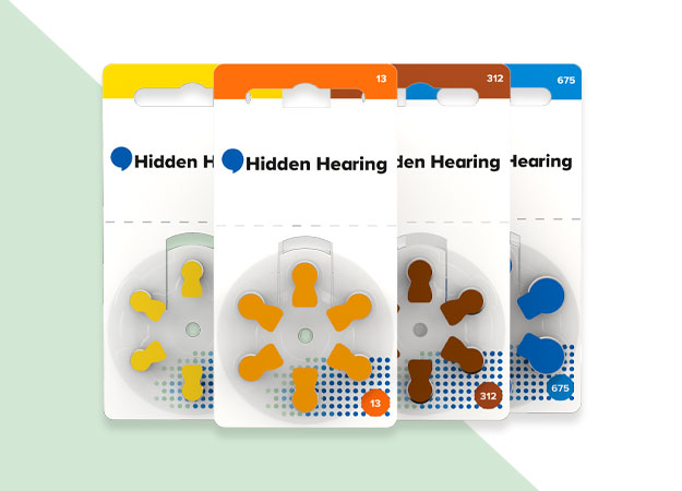 Hidden Hearing branded hearing aid batteries in size 13, 312, and 675.