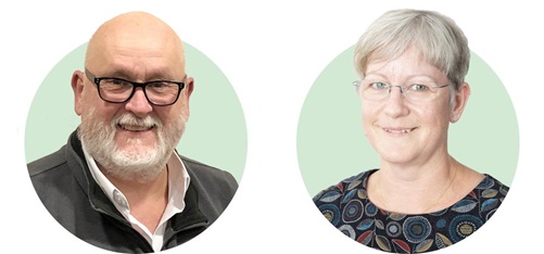 Two individuals, a man with facial hair in a dark jacket and a woman with short gray hair in a patterned top, are positioned against green circular backgrounds.