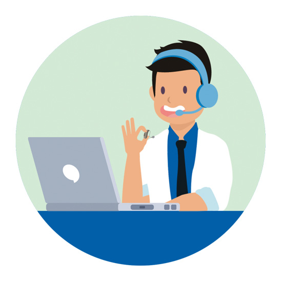Friendly hearing care professional wearing a headset, seated at a desk with a laptop, offering assistance.