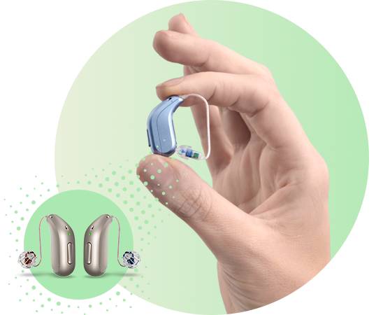 Oticon Intent hearing aids with sleek design and innovative technology, displayed in hand and side by side.