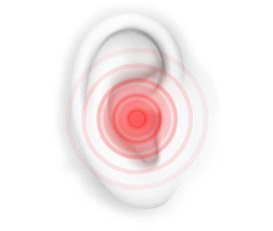 Red concentric circles over an ear symbolizing pain or hearing issues.