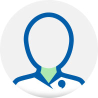 A minimalist illustration depicts a faceless outline of a person wearing a white medical coat with a blue collar and a green tie, symbolizing a professional, likely an audiologist or hearing specialist, against a plain gray background. No text is present.