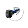 A sleek in-ear hearing aid with a black outer casing, clear tube, and blue internal component, designed for discreet hearing support, likely from a specialized hearing care provider.
